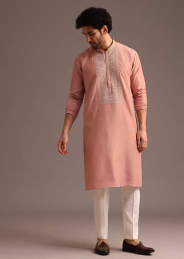 Onion Pink SIlk Kurta And Pant Set With Embroidered Yoke