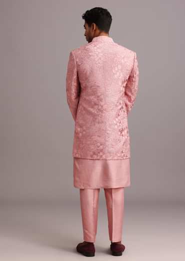 Onion Pink Thread Embroidered Dola Silk Sherwani Set