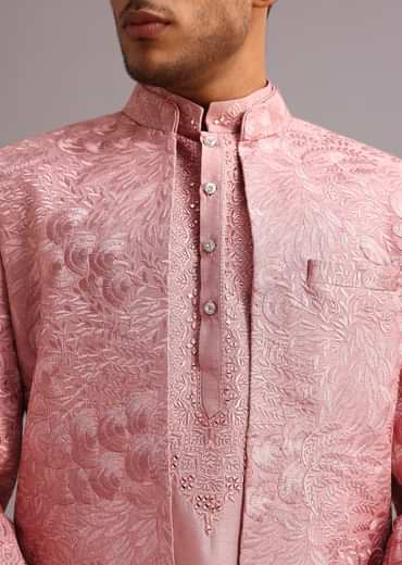 Onion Pink Thread Embroidered Dola Silk Sherwani Set