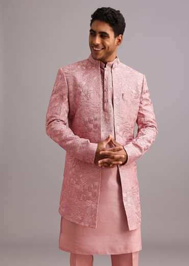 Onion Pink Thread Embroidered Dola Silk Sherwani Set