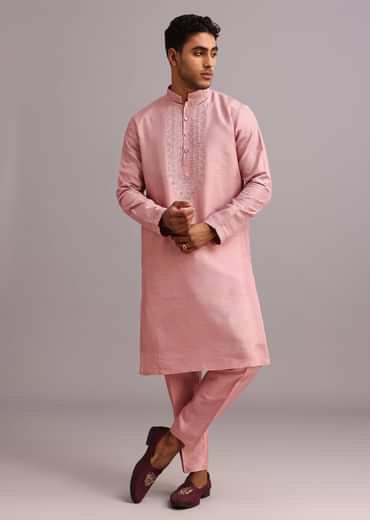 Onion Pink Thread Embroidered Dola Silk Sherwani Set