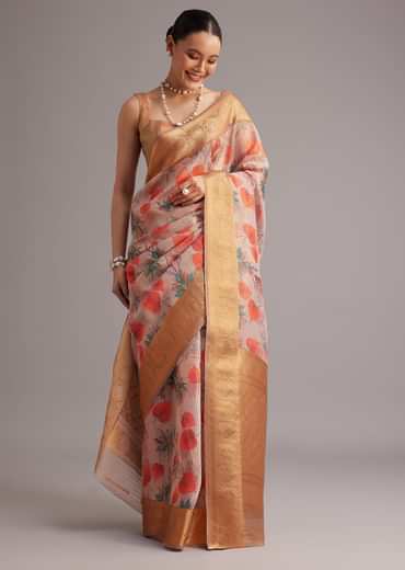 Onion Pink Tissue Silk Printed Saree With Zari Woven Contrast Border And Pallu