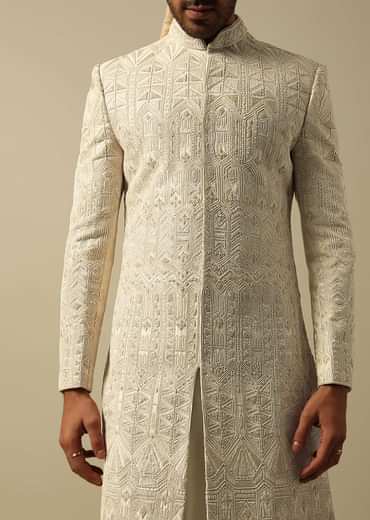Opulent Beige Banarasi Silk Sherwani