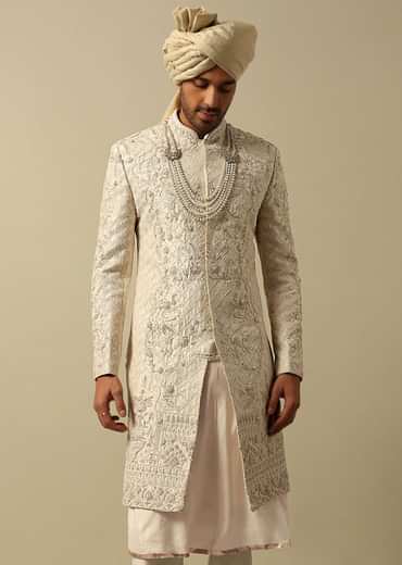 Opulent White Raw Silk Sherwani