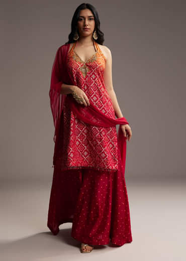 Orange And Red Ombre Silk Palazzo Suit With Bandhani Print