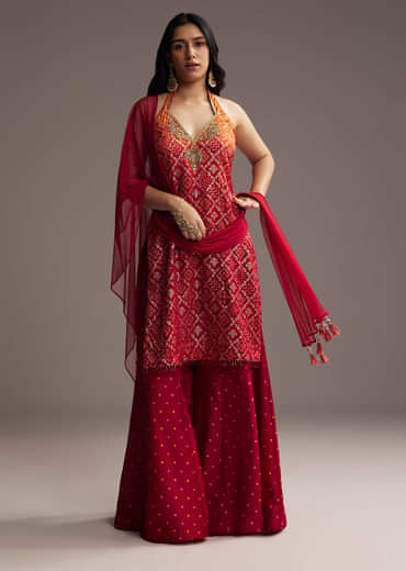 Orange And Red Ombre Silk Palazzo Suit With Bandhani Print