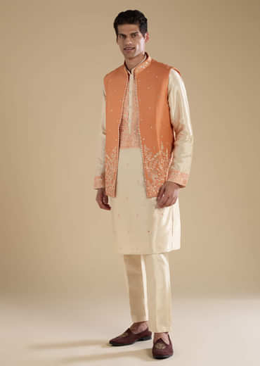 Orange Art Silk Jacket Kurta Set with Mirror Work