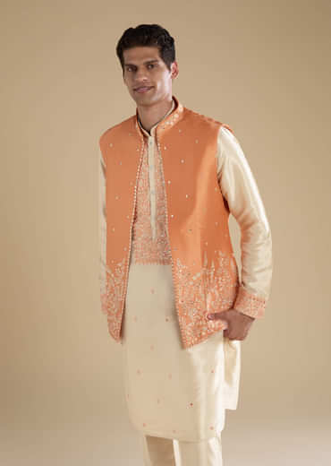 Orange Art Silk Jacket Kurta Set with Mirror Work