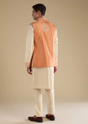 Orange Art Silk Jacket Kurta Set with Mirror Work