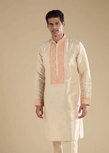 Orange Art Silk Jacket Kurta Set with Mirror Work