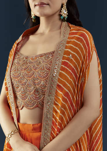Orange Asymmetric Crop Top Skirt Set with Leheriya Cape