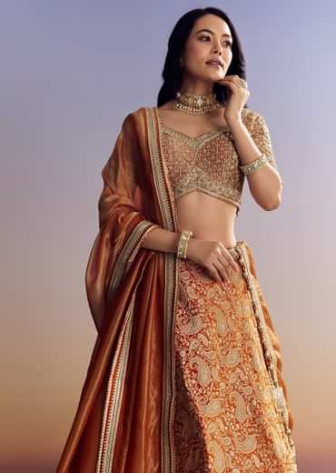 Orange Banarasi Lehenga With Embroidered Choli And Dupatta