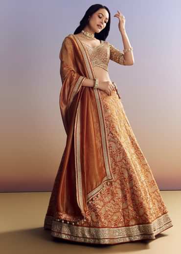 Orange Banarasi Lehenga With Embroidered Choli And Dupatta
