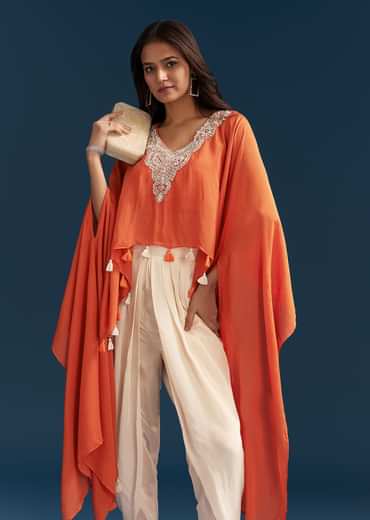 Orange Cape Crop Top Dhoti Set With Moti And Cut Dana Embroidery