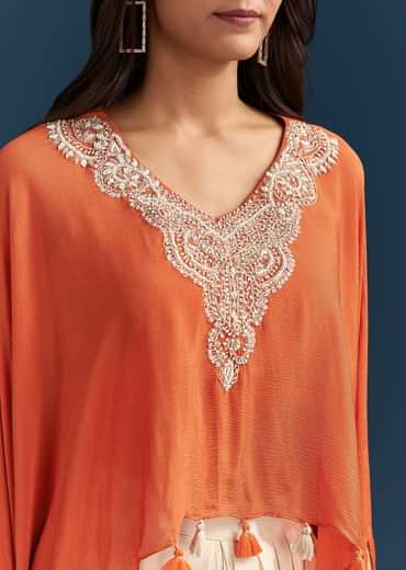 Orange Cape Crop Top Dhoti Set With Moti And Cut Dana Embroidery