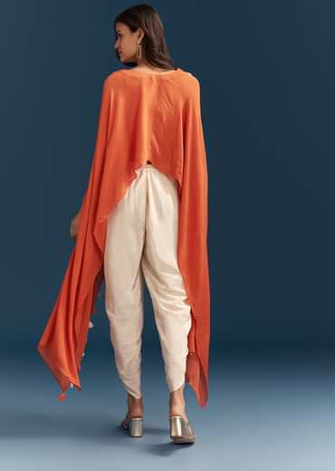 Orange Cape Crop Top Dhoti Set With Moti And Cut Dana Embroidery
