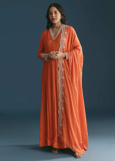 Orange Chinon Anarkali Suit With Embroidered Dupatta