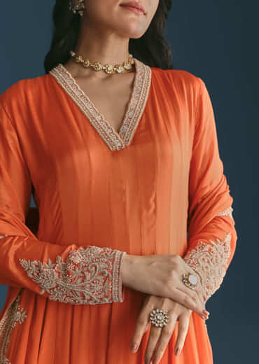 Orange Chinon Anarkali Suit With Embroidered Dupatta