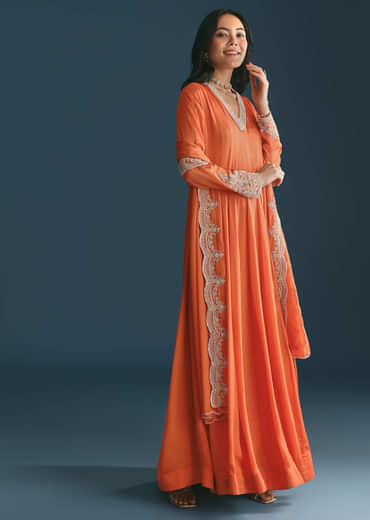 Orange Chinon Anarkali Suit With Embroidered Dupatta