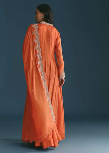 Orange Chinon Anarkali Suit With Embroidered Dupatta