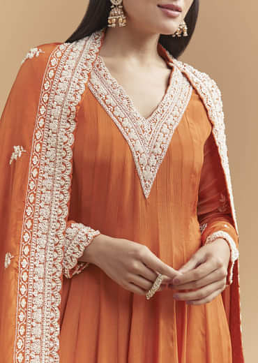 Orange Chinon Anarkali Suit With Intricate Hand Embroidery