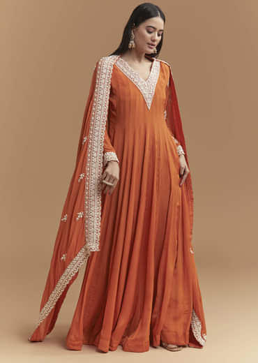 Orange Chinon Anarkali Suit With Intricate Hand Embroidery