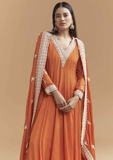 Orange Chinon Anarkali Suit With Intricate Hand Embroidery