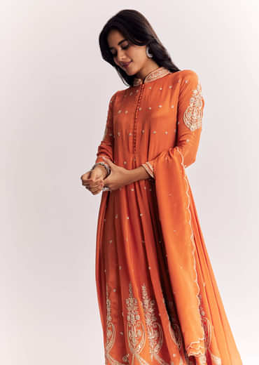 Orange Chinon Anarkali Suit With Moti Sequins And Cutdana Dupatta
