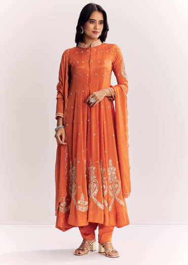 Orange Chinon Anarkali Suit With Moti Sequins And Cutdana Dupatta