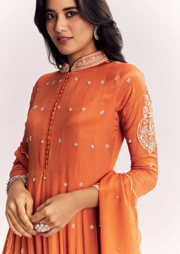 Orange Chinon Anarkali Suit With Moti Sequins And Cutdana Dupatta
