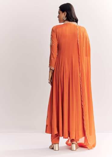Orange Chinon Anarkali Suit With Moti Sequins And Cutdana Dupatta