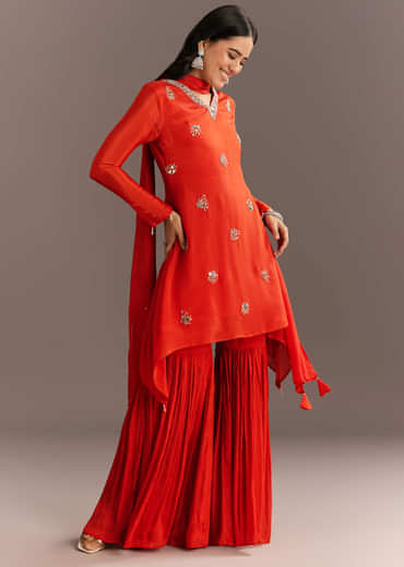 Orange Chinon Asymmetrical Cut Kurta Sharara With Dupatta