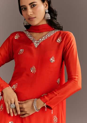 Orange Chinon Asymmetrical Cut Kurta Sharara With Dupatta