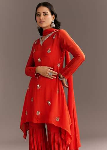 Orange Chinon Asymmetrical Cut Kurta Sharara With Dupatta