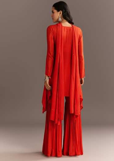 Orange Chinon Asymmetrical Cut Kurta Sharara With Dupatta