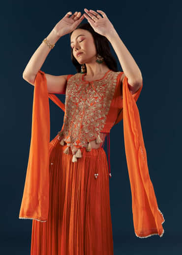 Orange Chinon Crop Top Skirt Set with Zardozi Work