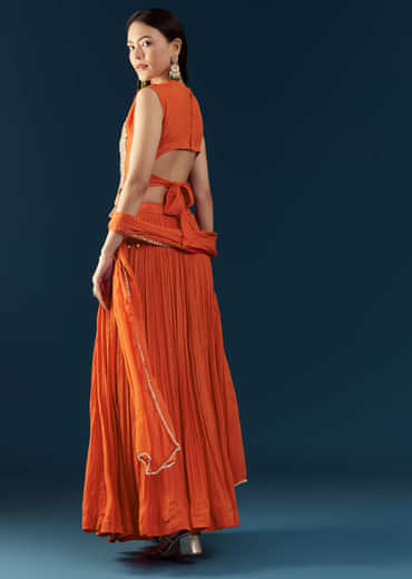 Orange Chinon Crop Top Skirt Set with Zardozi Work