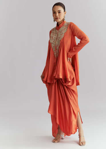 Orange Chinon Indo Western Set With Zardosi Work