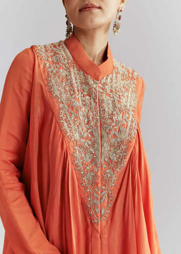 Orange Chinon Indo Western Set With Zardosi Work