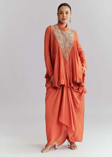 Orange Chinon Indo Western Set With Zardosi Work