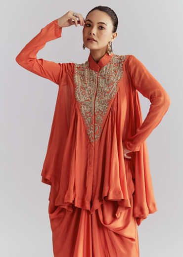 Orange Chinon Indo Western Set With Zardosi Work