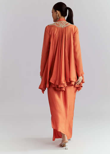 Orange Chinon Indo Western Set With Zardosi Work