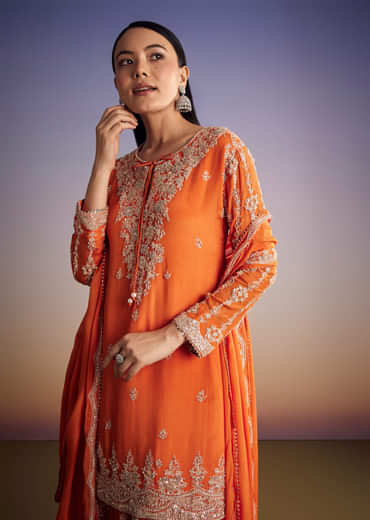Orange Chinon Kurta Palazzo Set With Cutdana And Beads Work