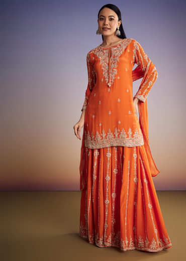Orange Chinon Kurta Palazzo Set With Cutdana And Beads Work