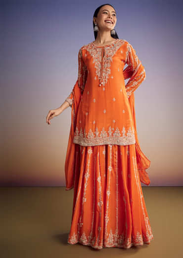 Orange Chinon Kurta Palazzo Set With Cutdana And Beads Work