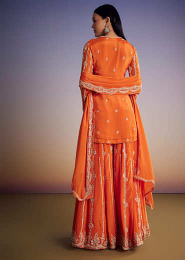 Orange Chinon Kurta Palazzo Set With Cutdana And Beads Work