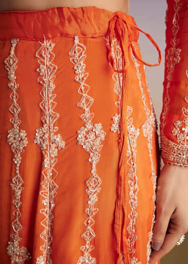 Orange Chinon Kurta Palazzo Set With Cutdana And Beads Work
