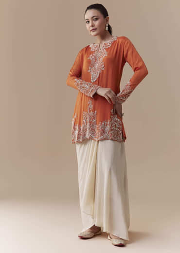 Orange Chinon Kurta Skirt Set with Moti Work