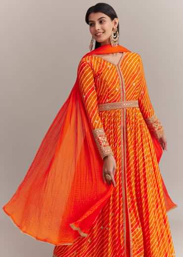 Orange Chinon Leheriya Embroidered Anarkali Set
