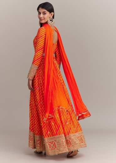 Orange Chinon Leheriya Embroidered Anarkali Set